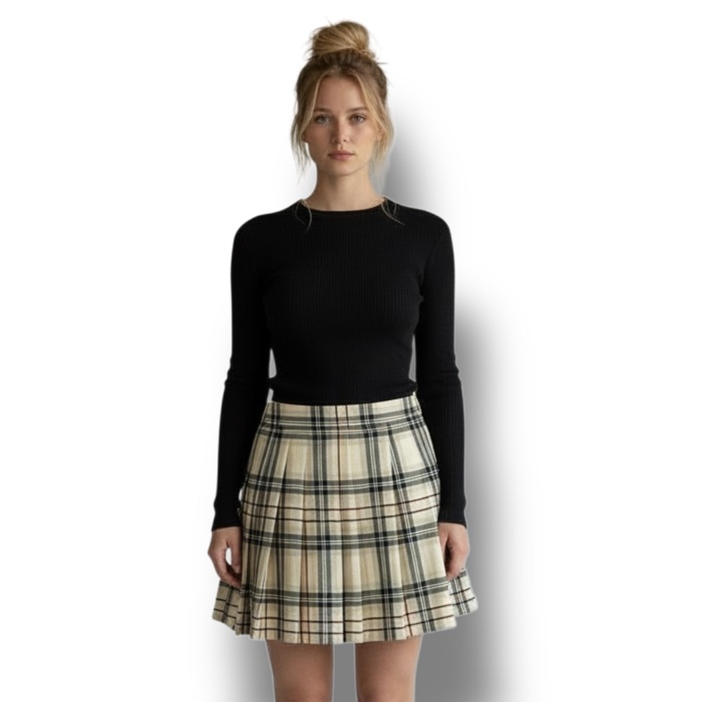Michael K & Company Women’s Pleated Plaid A-line Mini Skirt VTG 90s Y2K Beige - Picture 1 of 9